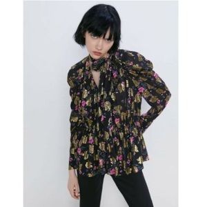 Zara floral long sleeve blouse with metallic thread